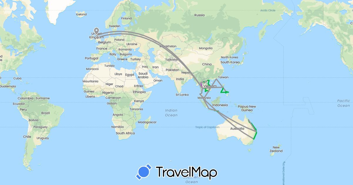 TravelMap itinerary: driving, bus, plane, train, boat in Australia, China, United Kingdom, Indonesia, Cambodia, Laos, Malaysia, Philippines, Singapore, Thailand, Vietnam (Asia, Europe, Oceania)